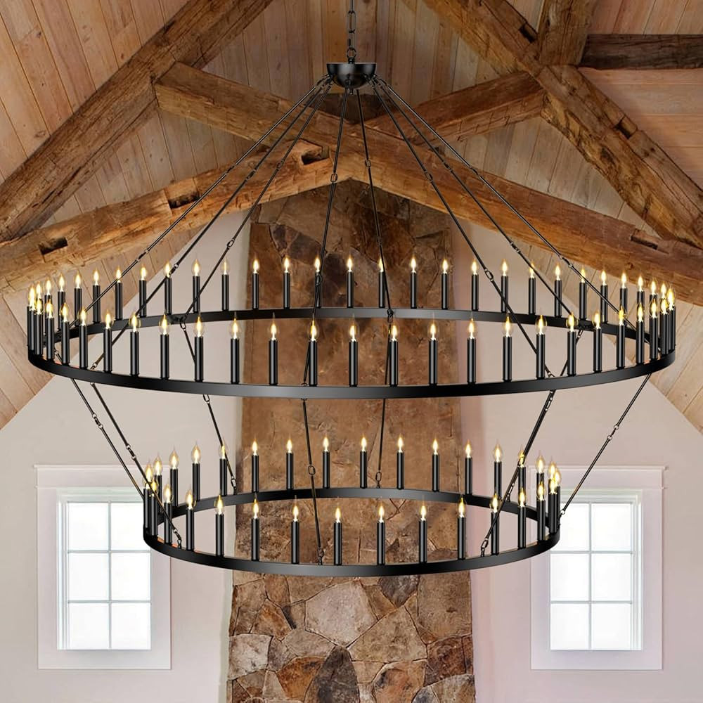 BAOURE 98in 88 Light Extra Large Farmhouse Wagon Wheel Chandelier Black Modern High Ceiling Chand... | Amazon (US)
