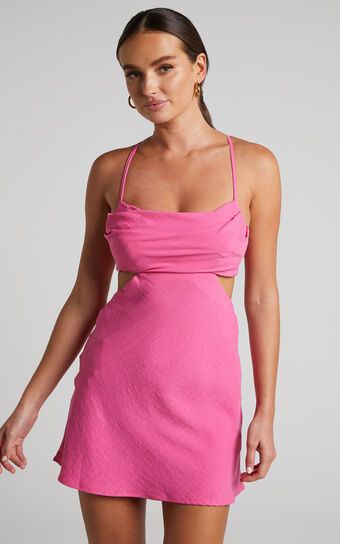 Mayson Mini Dress - Cowl Neck Side Cut Out Slip Dress in Pink | Showpo (US, UK & Europe)