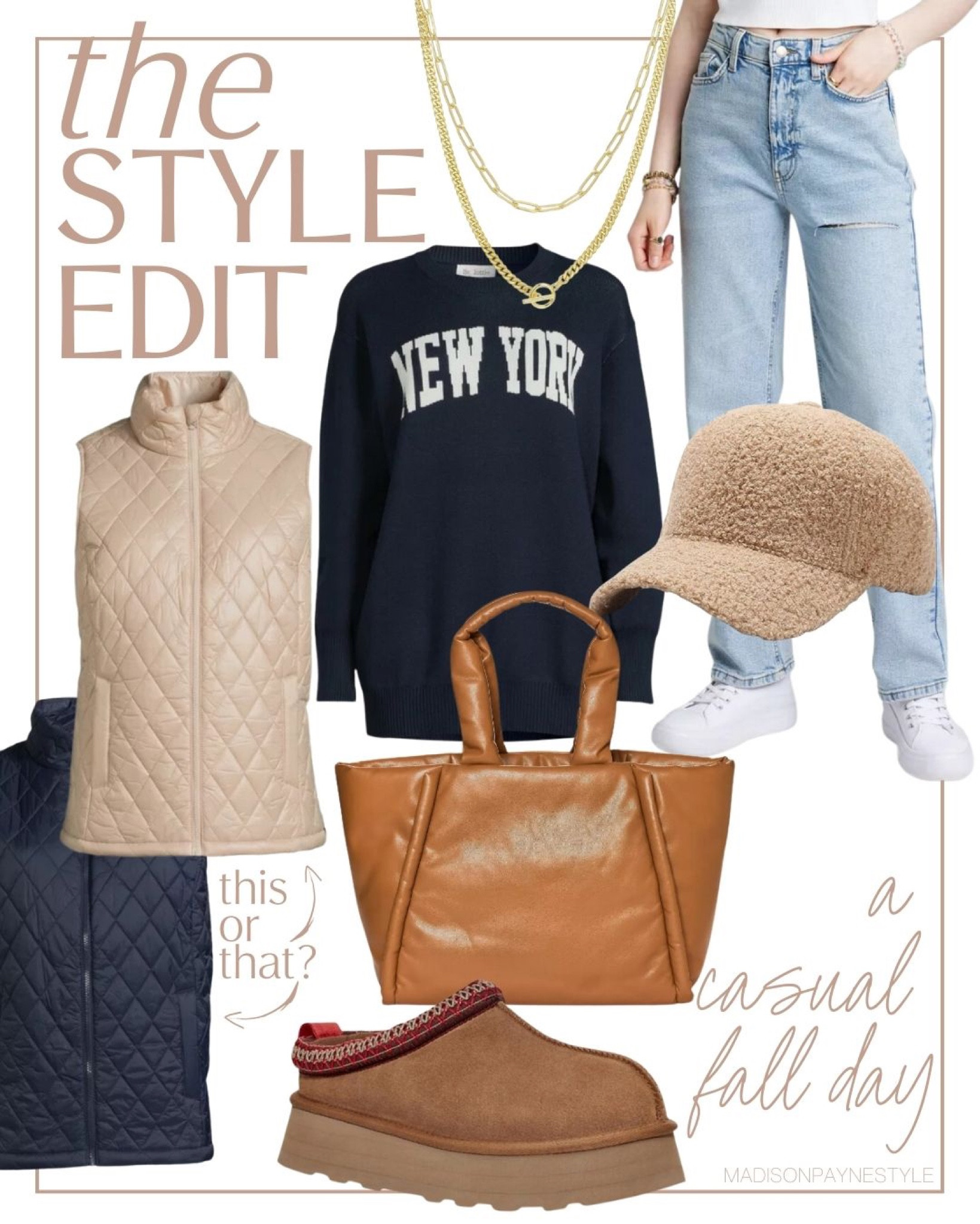 Fall 🍁outfit on a budget✨Target, Walmart and Amazon. The New York sweater runs a bit relaxed, I have the puffer vest in a small, jeans have a front slit (size 4) and get that UGG look for less with these new comfy platform slipper 🥰  target, Walmart, Amazon, fall outfit, puffer vest, 

#LTKfindsunder50 #LTKstyletip #LTKSeasonal