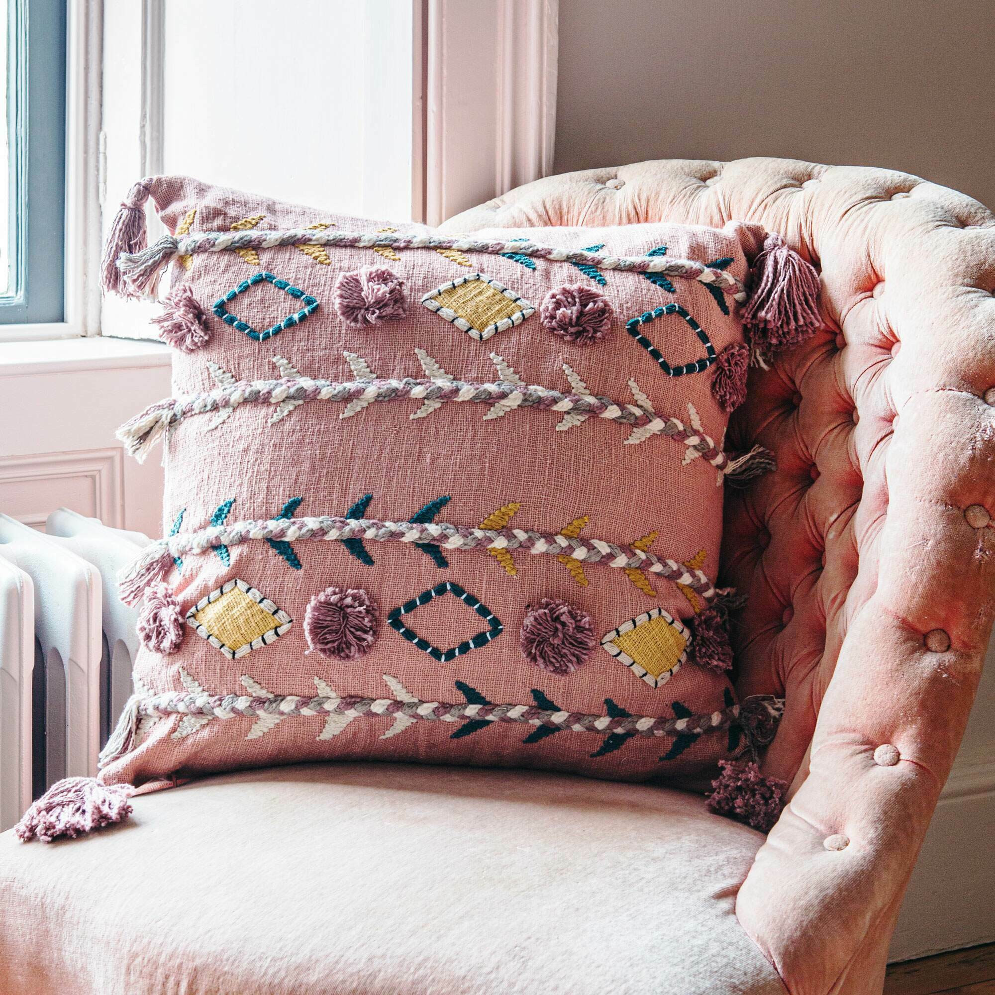 Jaz Three Stripe Square Cushion with Pom Poms | Graham and Green
