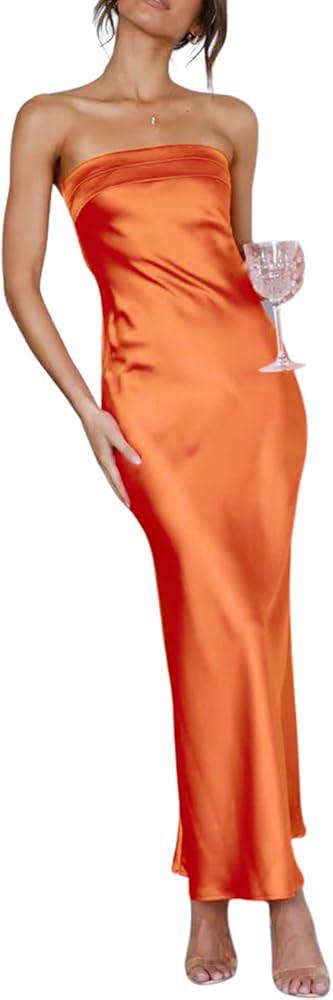 Women's Summer Satin Silk Maxi Bodycon Dresses Strapless Tube Backless Hollow Out Elegant Long Pa... | Amazon (US)