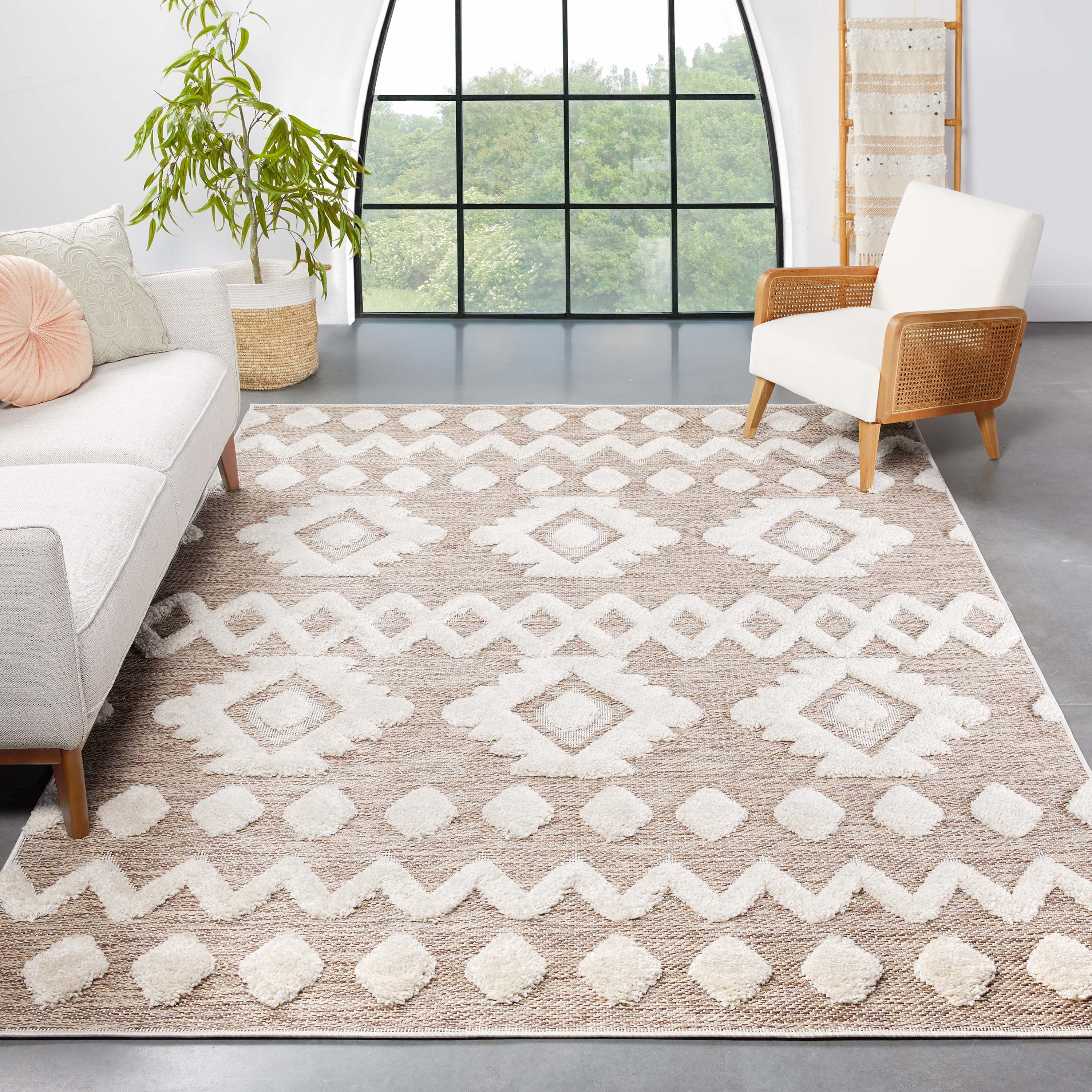 Well Woven Cenar Beige Flat-Weave Hi-Low Pile Diamond Medallion Stripes Moroccan Tribal Area Rug | Walmart (US)