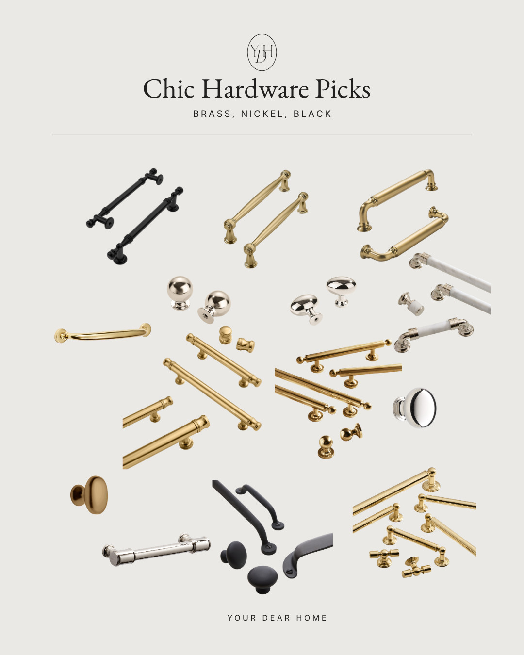 Hardware may seem like a small detail, but it completely changes the feel of cabinetry. The right pulls and knobs can make even simple cabinets feel elevated and intentional. I always love mixing warm brass, aged finishes, polished nickel, or matte black depending on the vibe of the kitchen. These picks feel timeless, chic, and designer approved. 

 #LTKHome