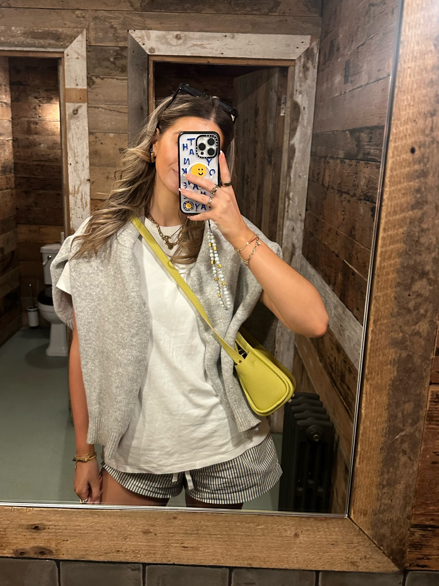 white Uniqlo tee tshirt basic capsule wardrobe spring summer outfit adanola knit grey jumper striped boxer short casual mini shorts yellow bag black rectangular sunglasses and other stories asos mango H&M gold jewellery 

#LTKxUNIQLO #ThisIsMyBestT

#LTKeurope #LTKstyletip