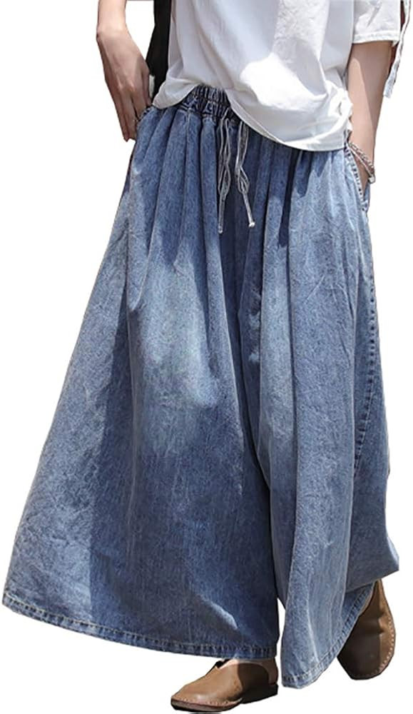 Extra Wide Leg Denim Pants for Women Long Jeans Elastic Waist with Pockets Plus Size Loose Casual | Amazon (US)