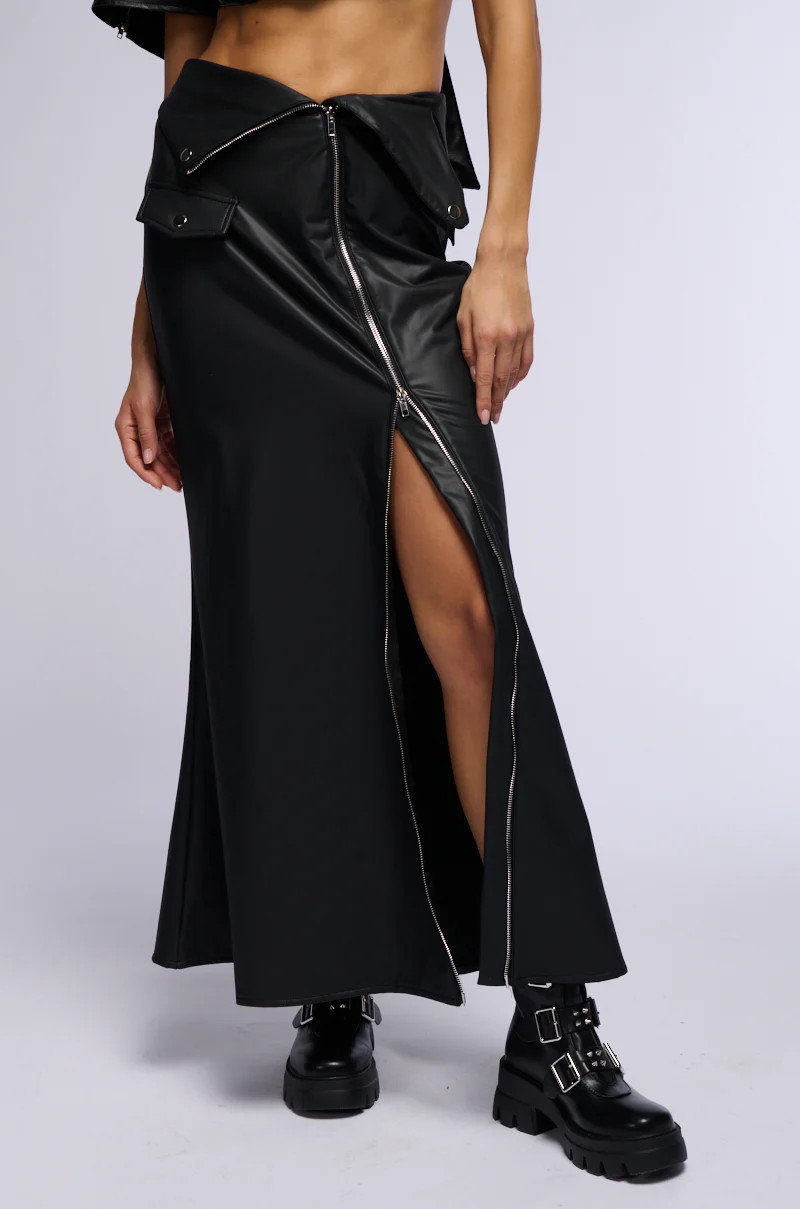 AFTER HOURS FRONT ZIP FAUX LEATHER MAXI SKIRT | AKIRA