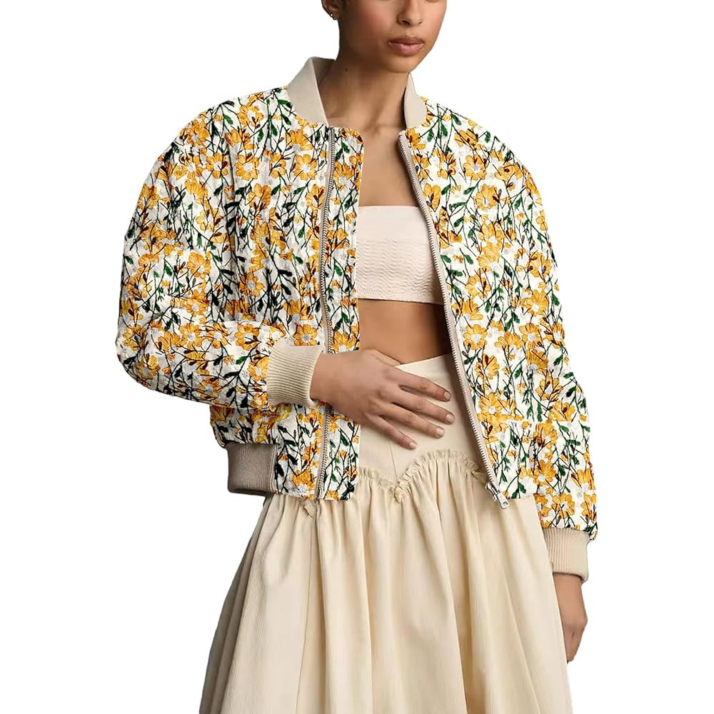 Shiyifa Women's Embroidered Daisy Cropped Bomber Jacket Long Sleeve Quilted Puffer Jackets Padded... | Amazon (US)