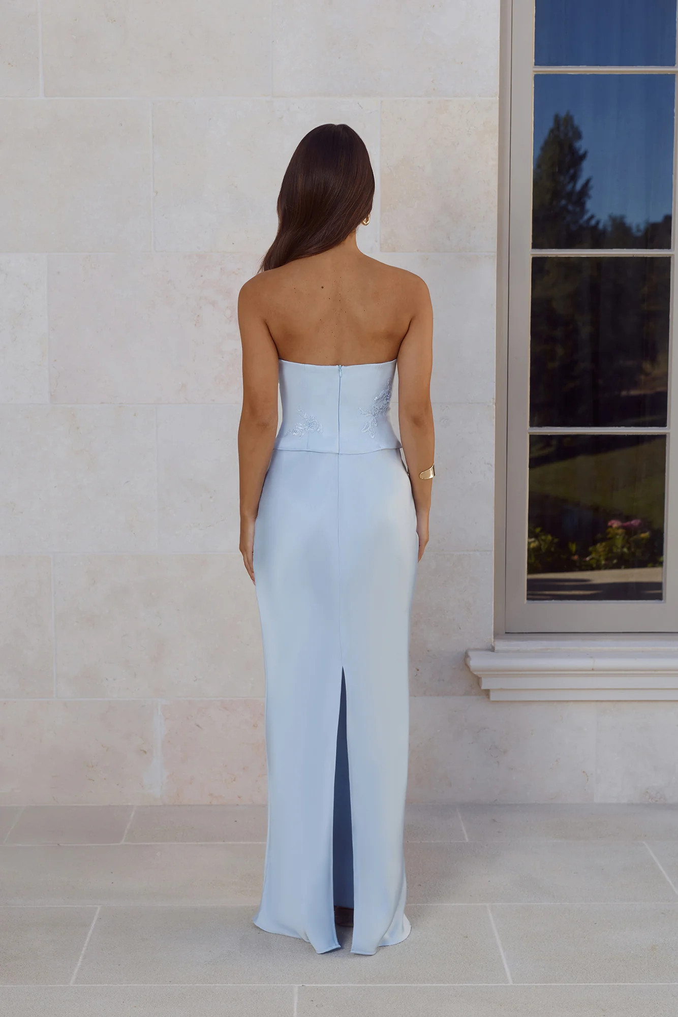 Golden Isle Strapless Satin Maxi Dress Blue | Hello Molly (US)