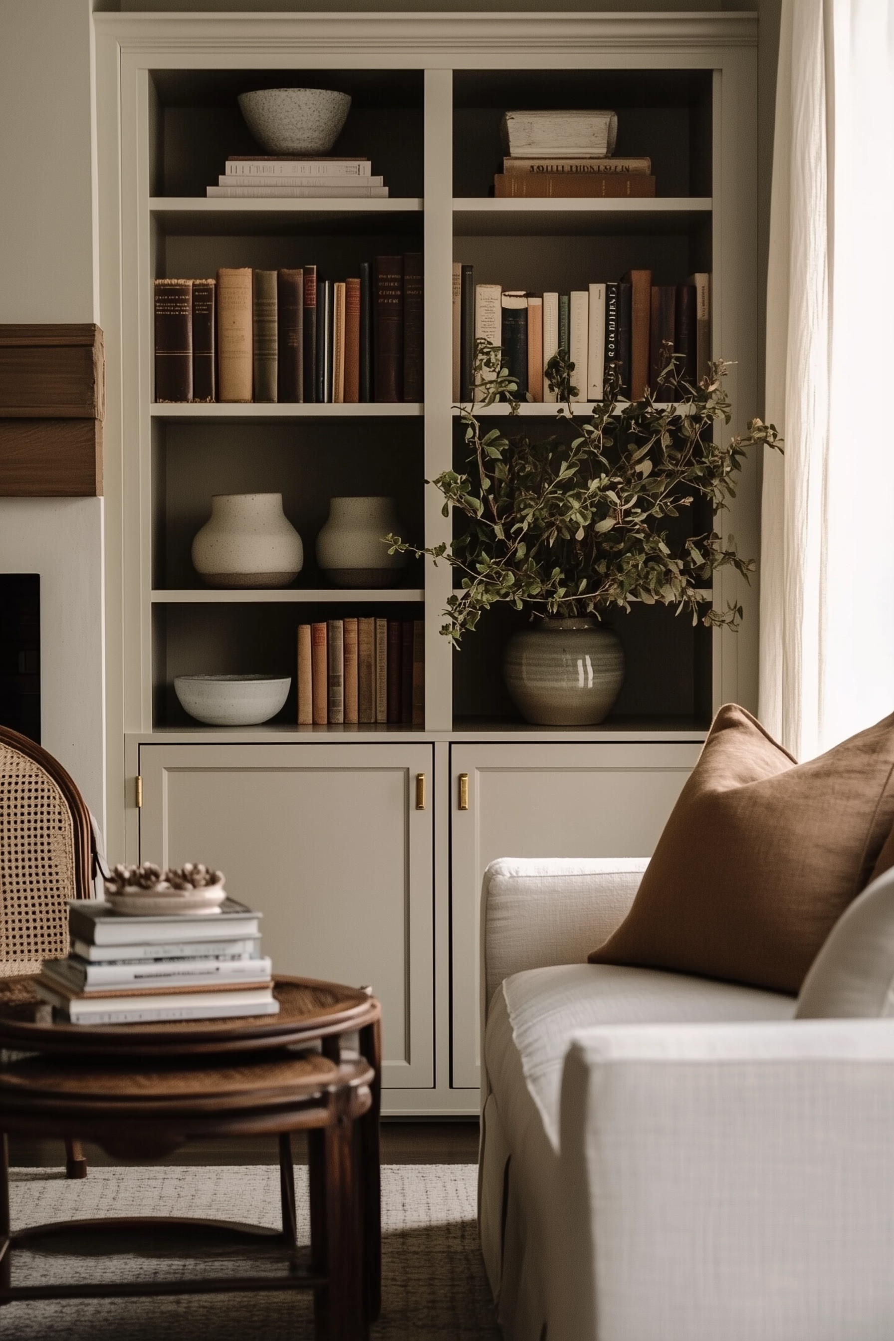 This warm neutral living room feels timeless and elevated with layered textures and natural materials. The built-in bookcase, styled with vintage books and ceramic vases, adds depth and charm. Paired with soft linen upholstery, wood tones, and greenery, it’s the perfect example of modern organic design that feels both curated and cozy  

 #LTKHome #LTKStyleTip