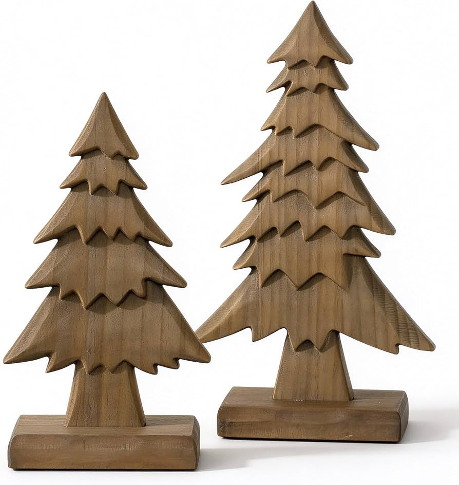 Hanobe Wood Christmas Decor: Set of 2 Rustic Christmas Trees for Tabletop | Amazon (US)