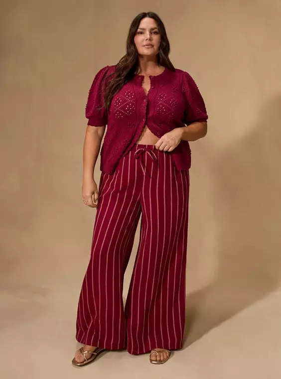 High-Rise Wide-Leg Belle Isle Wide Leg Cotton Linen Pant in Red | Torrid (US & Canada)