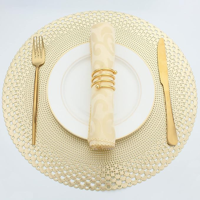 Evevda Gold Round Vinyl Placemats for Dinner Table Set of 6 Pressed Metallic Plastic Place Mats W... | Amazon (US)