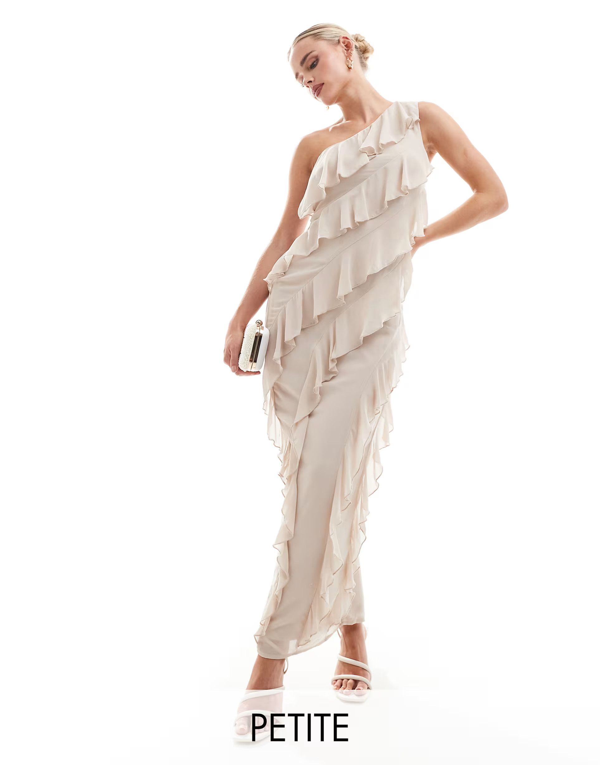 TFNC Bridesmaids Petite chiffon one shoulder maxi dress with frills in ecru | ASOS (Global)