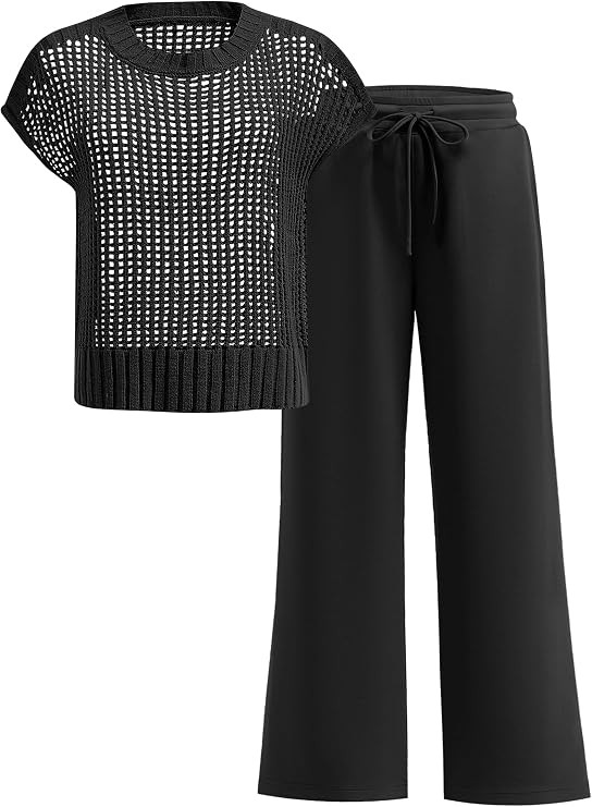 Women Two Piece Outfits Crochet Sheer Knit Sweater Top Wide Leg Pants Lounge Matching Sets Sweats... | Amazon (US)