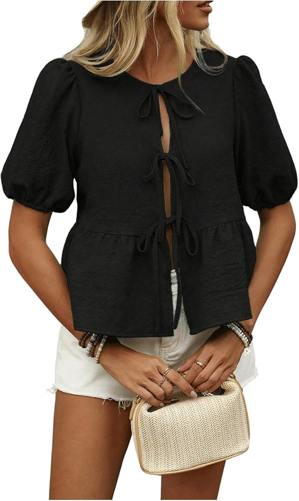 Floerns Women's Puff Sleeve Tie Front Peplum Top Crewneck Ruffle Hem Blouse Shirt Top | Amazon (US)