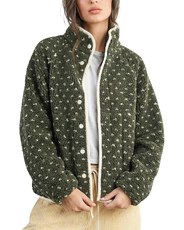 Slouchy Fleece Jacket Women Long Sleeve Button Down High Neck Polka Dot Puffer Jackets Sherpa Ove... | Amazon (US)