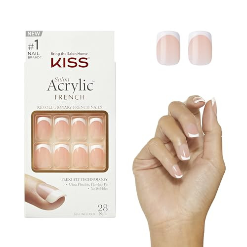 KISS Salon Acrylic Press On Nails, Nail glue included, 'Bonjour', Nude/ White, Short Size, Squoval Shape, Includes 28 Nails, 2g Glue, 1 Manicure Stick, 1 Mini File | Amazon (US)