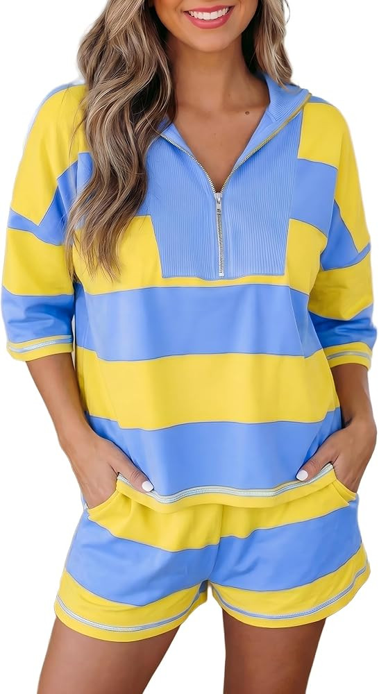 Womens 2 Piece Outfits Summer Striped Set Half Zip Sweatshirt and Shorts Matching Sets Casual Lou... | Amazon (US)