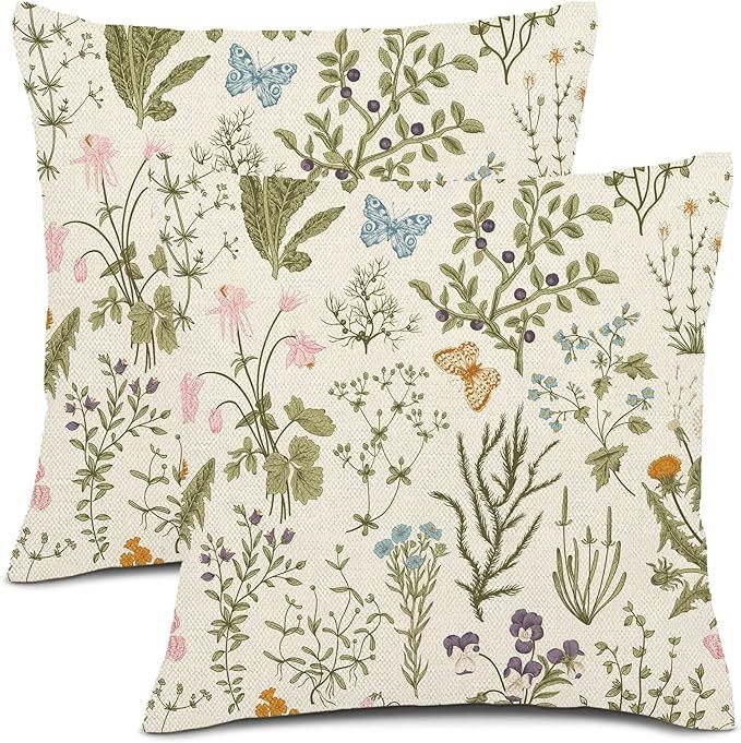 Spring Pillow Covers 18x18 Set of 2, Herbs Wildflower Decorations Throw Pillow Covers Vintage Bot... | Amazon (US)