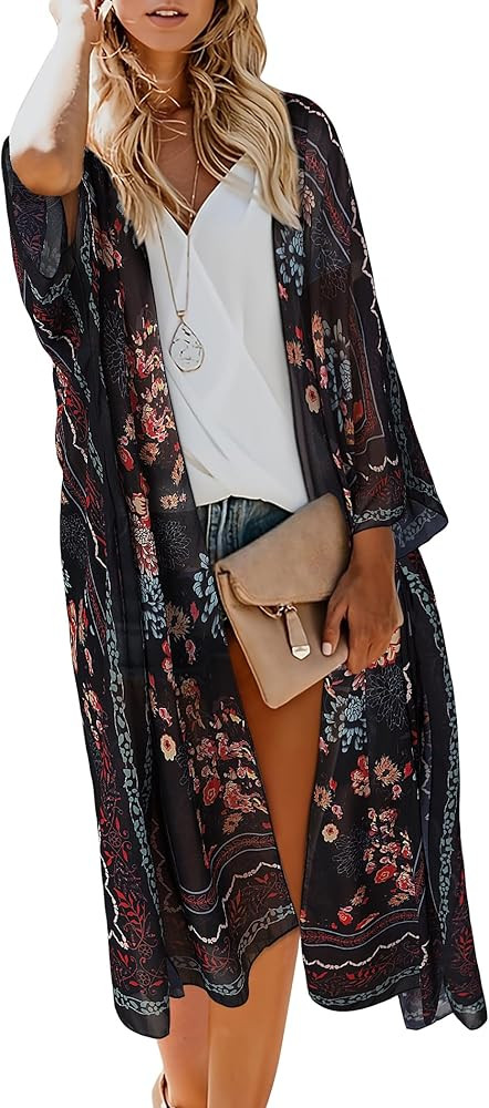 MayBuy Women's Summer Long Flowy Kimono Cardigans Boho Chiffon Beach Cover Up Tops | Amazon (US)