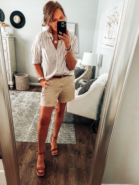 Spring is here!! Loving this striped button down shirt by The Limited! It’s a Doorbuster on sale under $28, fits tts. Styled with 7 inch shorts from J.Crew Factory, fits tts, more colors available and on sale!! 

Shorts, fashion over 40, casual date night, weekend outfit, sandals, casual outfit, doorbuster sale

#LTKunder50 #LTKsalealert #LTKstyletip