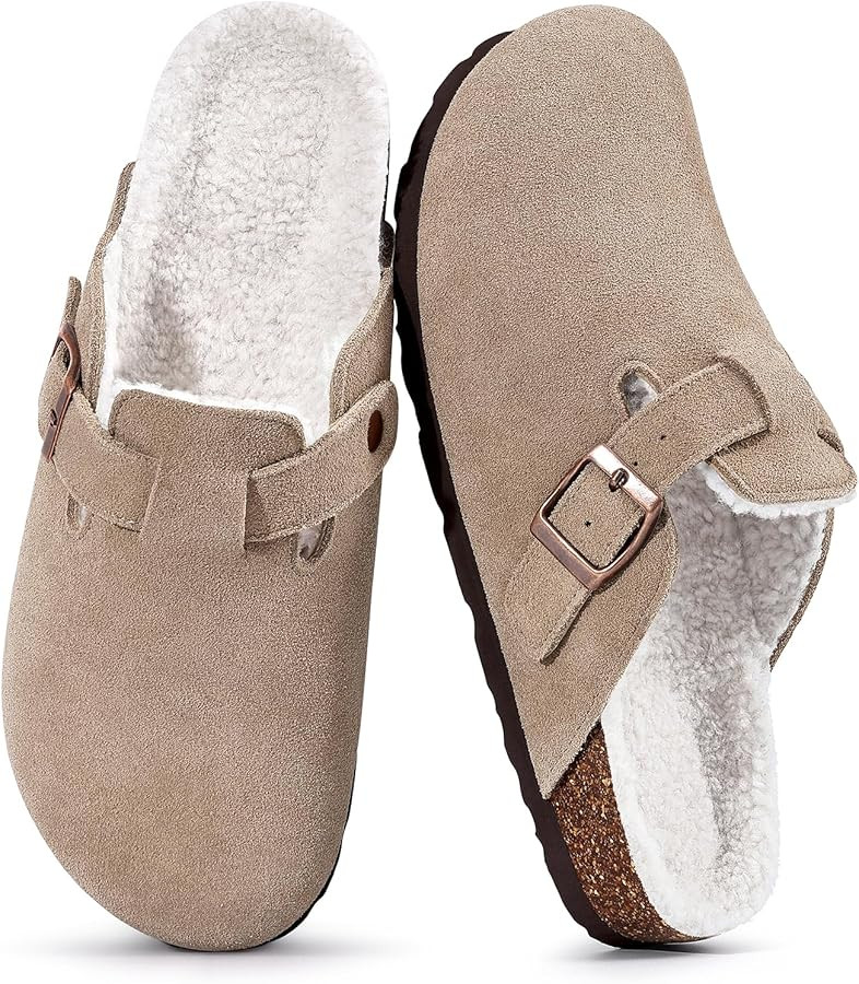 KIDMI Women's Fur Lined Suede Clogs Fuzzy Cork Footbed Mules Slip On Winter Potato Shoes | Amazon (US)