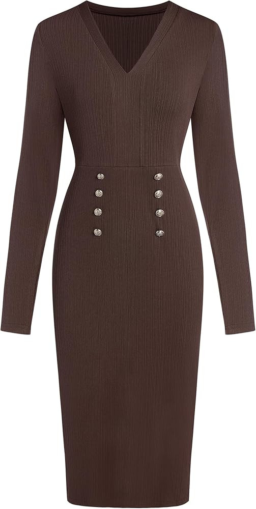 ZAFUL Women's Long Sleeve Wear to Work Midi Dress Lightweight V Neck Business Office Sheath Bodyc... | Amazon (US)