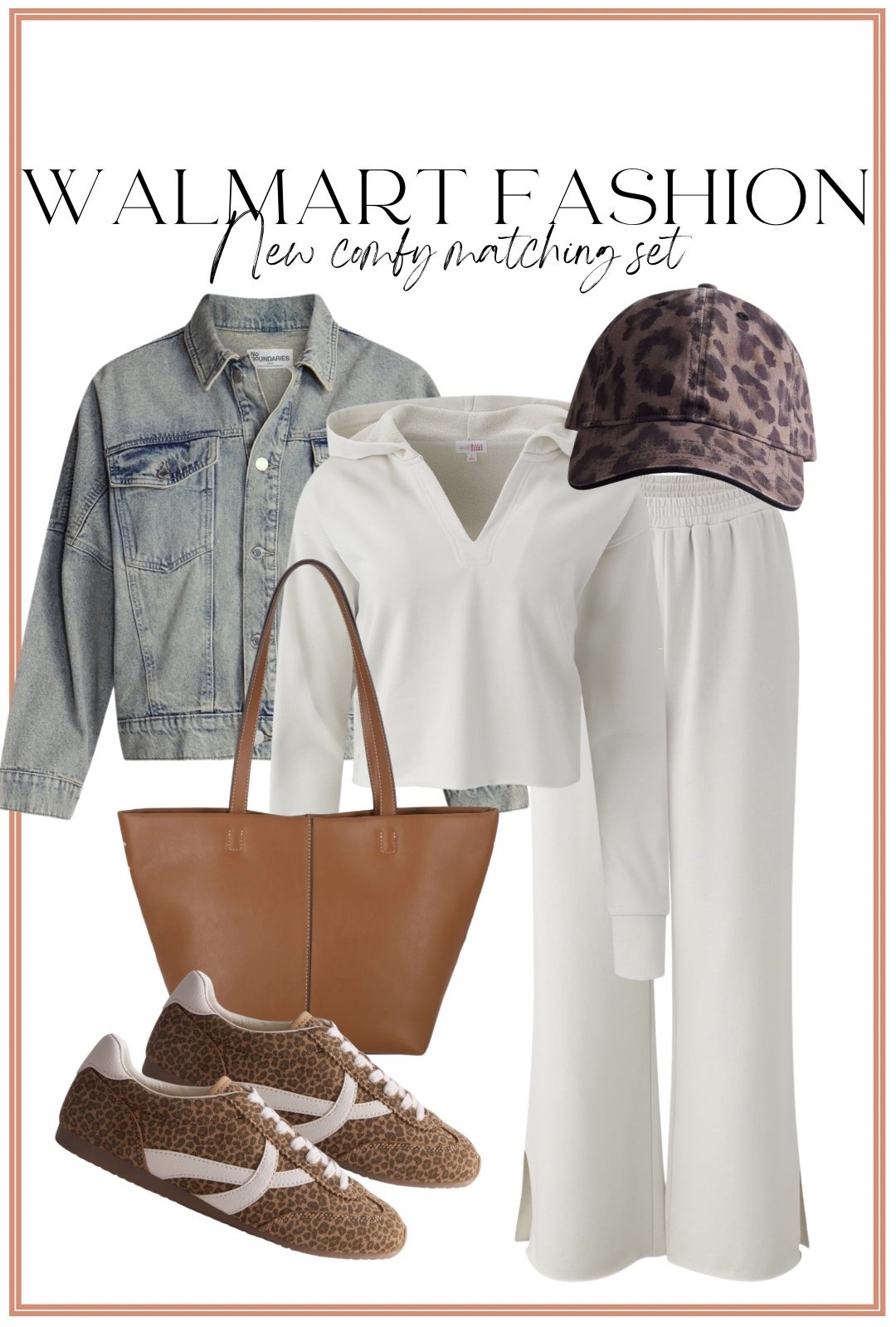 This new Walmart fashion matching set is SO good! 🤍 The cozy ivory hoodie and wide leg pants make the cutest elevated casual outfit, and I love it styled with an oversized denim jacket and leopard print accessories. 🐆🤎 The leopard sneakers and matching hat add such a fun pop of print, while the brown tote pulls the whole look together. This is the perfect comfy Walmart outfit for everyday wear, errands, travel days, or an easy weekend look! ✨

#WalmartFashion #WalmartStyle #WalmartFinds #WalmartNewArrivals #WalmartOutfit #AffordableFashion #MatchingSet #CasualOutfit #ComfyStyle #EverydayStyle #LeopardPrint #DenimJacket #AffordableStyle #FallOutfitInspo

#LTKootd #LTKPetite