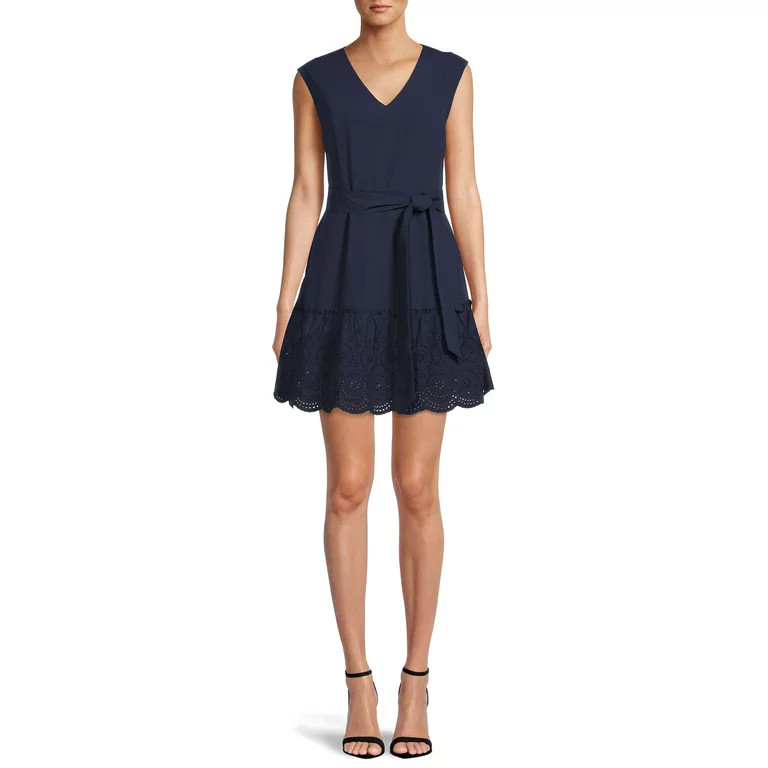 Time and Tru Women's Short Sleeve Eyelet Ruffle Dress with Belt | Walmart (US)
