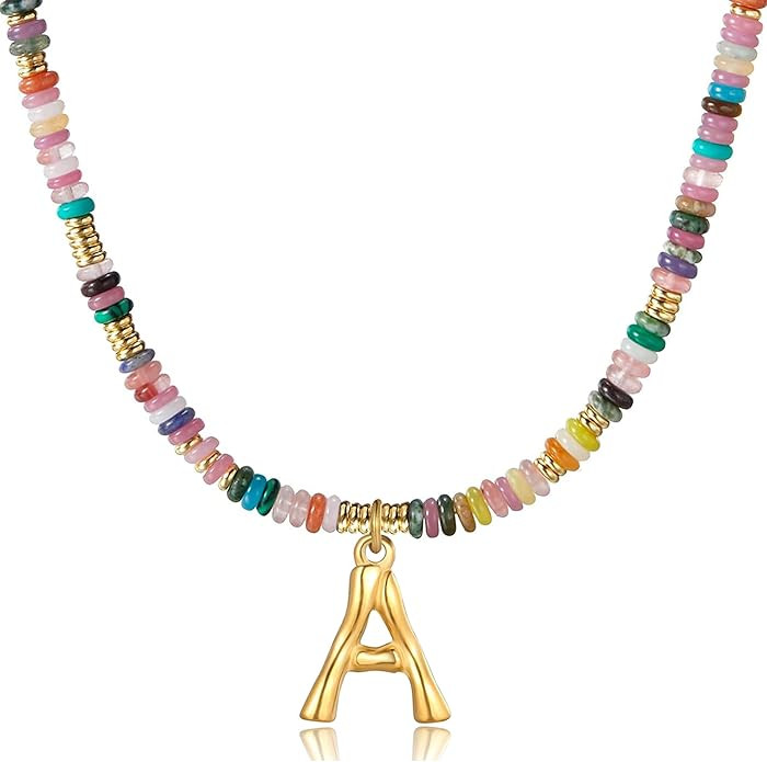 YOUFENG Initial Letter Necklaces for Women Colorful Beaded Gemstone Choker 14K Gold Plated Bamboo... | Amazon (US)