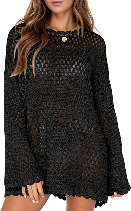 Saodimallsu Womens Crochet Swimsuit Cover Up Summer Bathing Suit Long Sleeve Mesh Knit Pullover B... | Amazon (US)