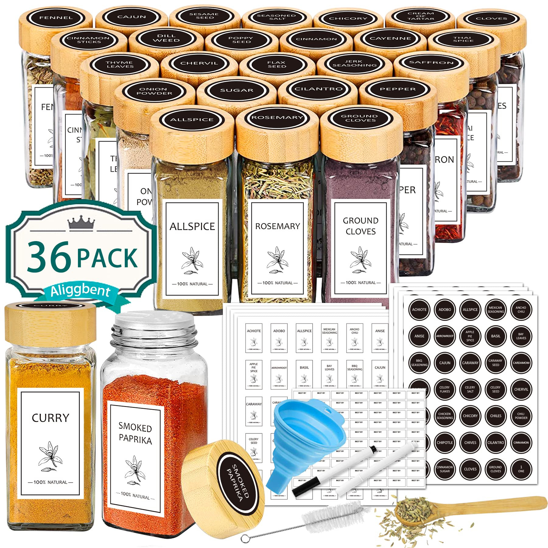 Aliggbent Spice Jars with Lable, 36 Pcs 4 oz Glass Spice Jars with Bamboo Lids, Spice Containers ... | Amazon (US)