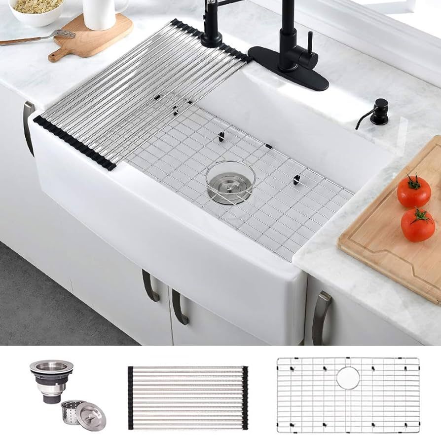 Hovheir 33 Inch Fireclay Farmhouse Kitchen Sink Handcrafted Apron Front Sink Single Bowl Farm Sin... | Amazon (US)