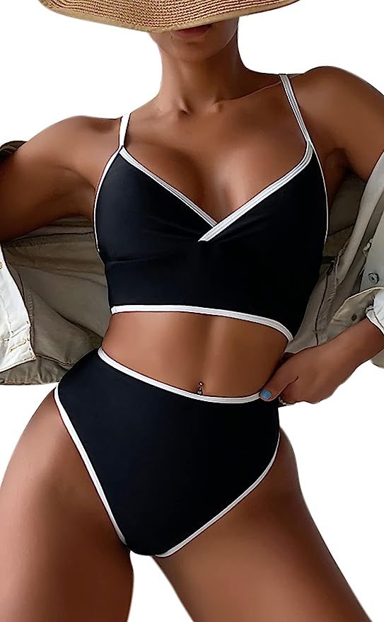 B2prity Women Two Piece V Neck Swimsuits High Cut Tummy Control Bathing Suit Contrast Swimwear Hi... | Amazon (US)