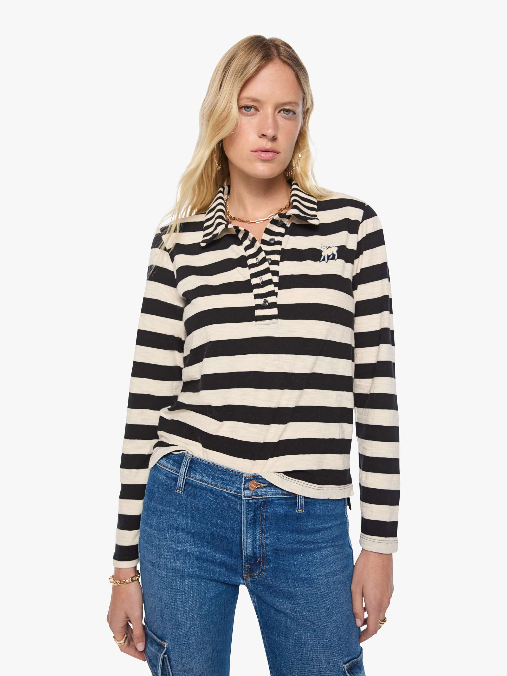 The L/S Close Cut Huddle - Black And Cream Stripe | Mother Denim