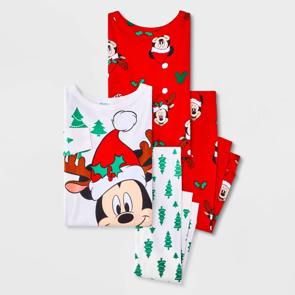 Toddler 4pc Mickey Cotton Long Sleeve Christmas Pajama Set - Red/Cream 12M | Target