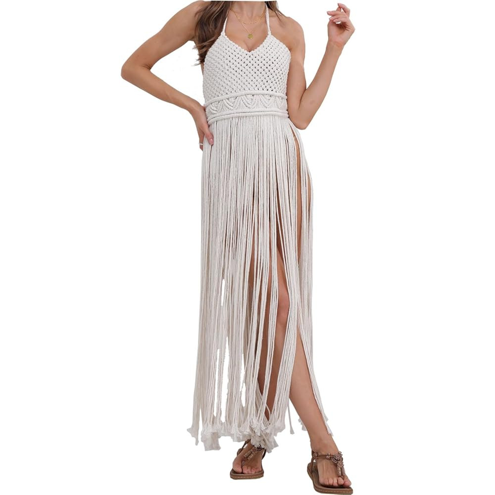 Macrame Dress Boho Women's Dress Swim Cover Up Swimwear Beach Wedding Tassel Dress, 8, Beige | Amazon (US)