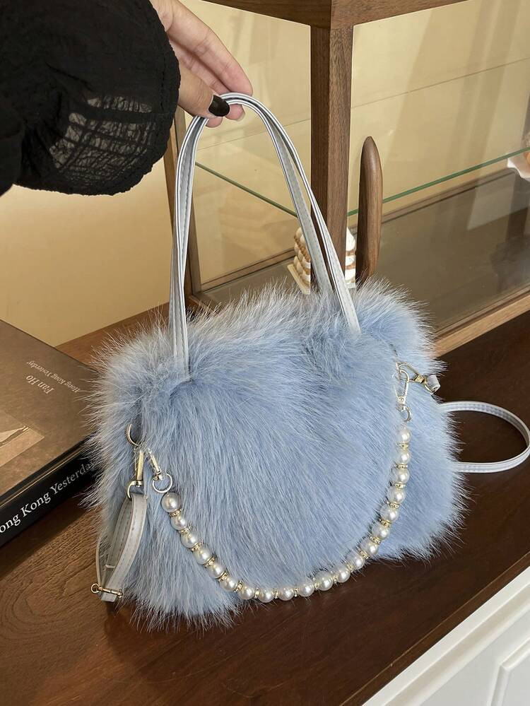 White Fluffy Handbag, Fashion Pearl Tote Bag, Faux Fur Bag, Versatile Shoulder Bag For Outings And Commute | SHEIN