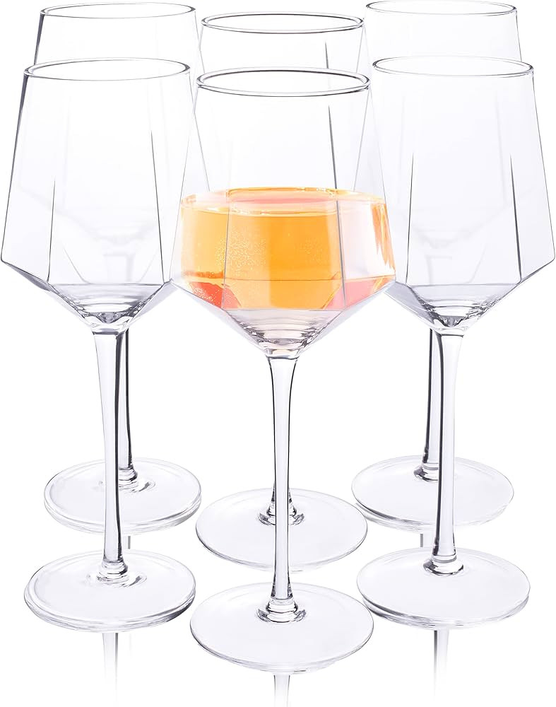 Wine Glasses Set of 6 - Long Stem Crystal Hexagon Shaped Wine Glass Set - Large, Beveled, Diamond... | Amazon (US)