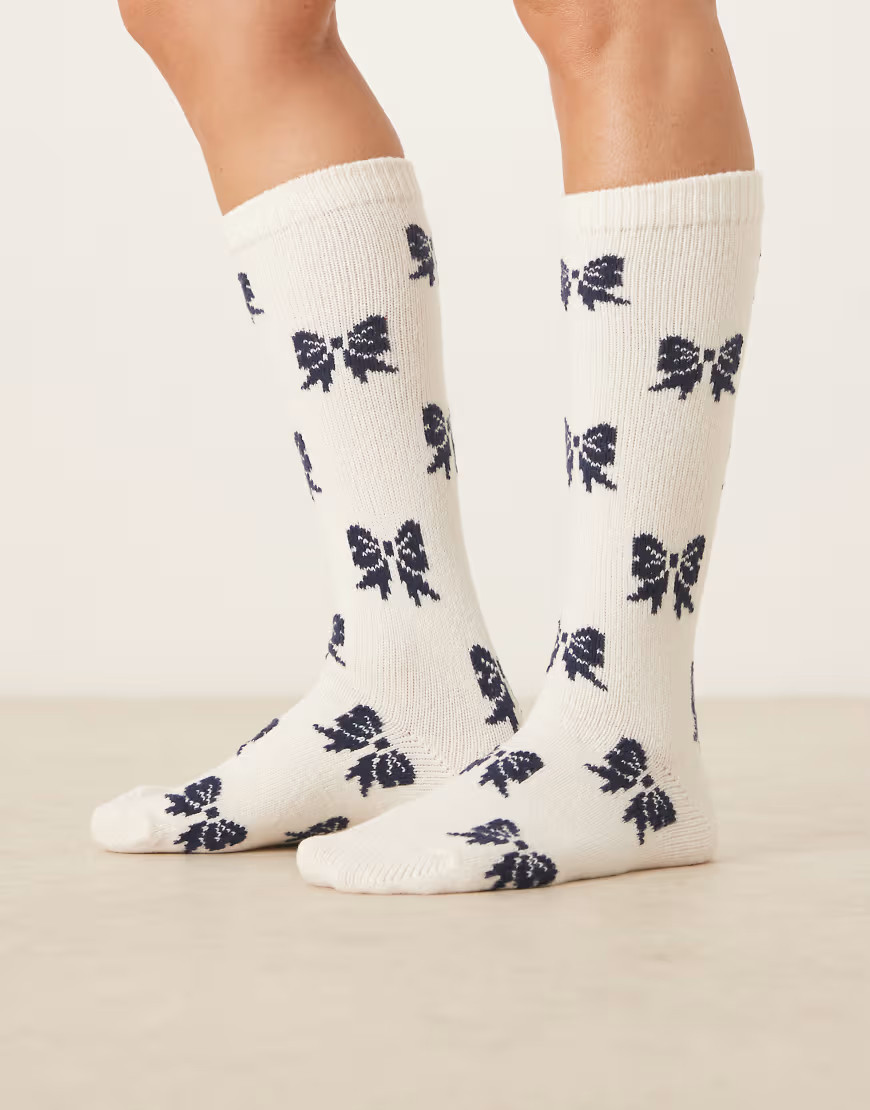 ASOS DESIGN cozy knee high super soft bow design socks in cream and navy-White | ASOS (Global)