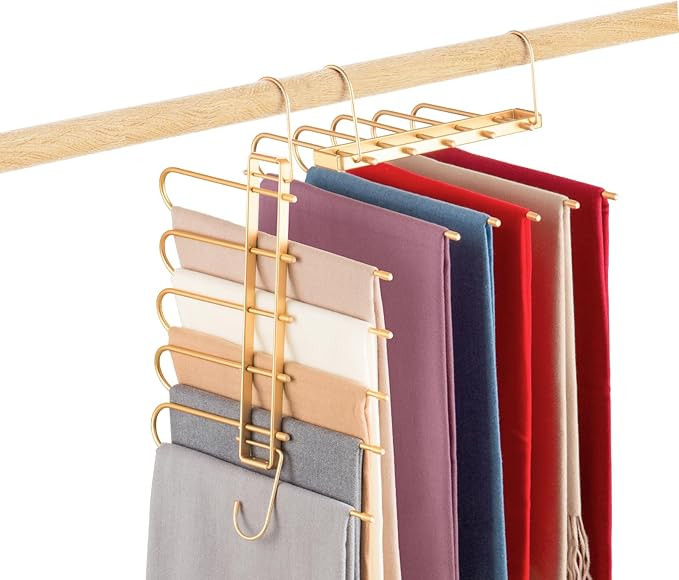 Pants Hangers Space Saving,Closet Hangers 5 Layers 2 Uses Multi Functional Pants Rack,Metal Heavy... | Amazon (US)