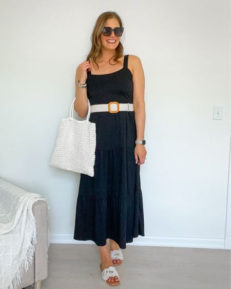 The perfect black maxi dress for summer! Paired with a crochet belt and bag, and a pair of square black sunglasses.

Ootd, spring outfit, summer outfit, resort style, date nightt

#LTKfindsunder50 #LTKstyletip #LTKshoecrush