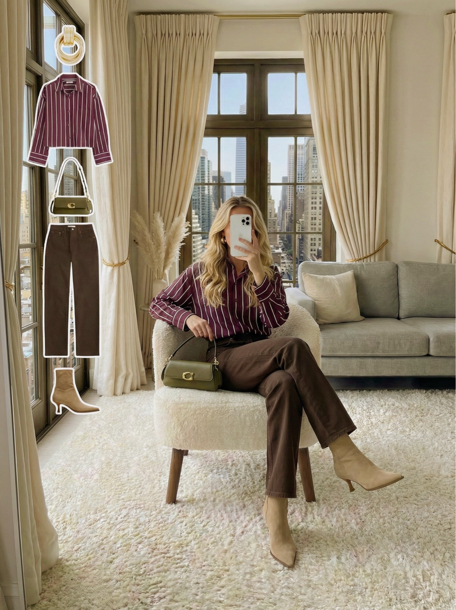 ✨ Merlot Stripes ✨

A sleek mix of rich burgundy and grounded neutrals that feels polished yet easy. The striped button down gives the look a tailored base, while the chocolate trousers keep everything smooth and cohesive.

Soft beige boots add a light, refined contrast, and the olive shoulder bag introduces a subtle color twist that still stays harmonious with the warm palette. Simple gold hoops finish the outfit with quiet shine.

🤎 Style Notes:
• Burgundy striped shirt for a tailored statement
• Brown trousers to anchor the look
• Beige boots for soft contrast
• Olive bag for an elevated tonal accent
• Gold hoops for minimal polish

Everything linked and ready to shop ✨