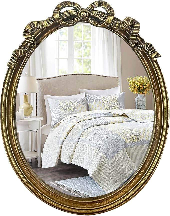 Vintage Oval Wall Mirror & Tabletop Vanity Mirror - Antique Gold Frame with Decorative Bow Design... | Amazon (US)
