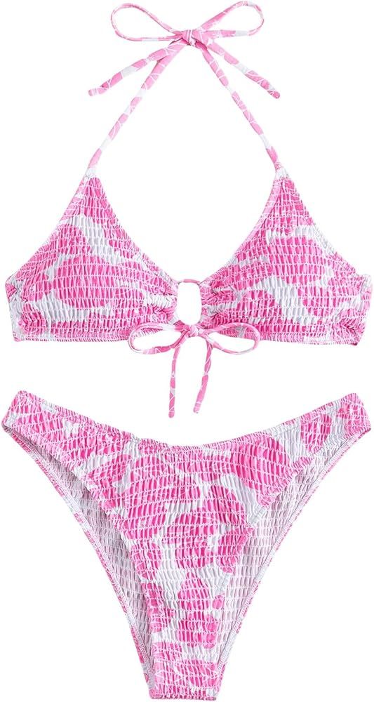 GORGLITTER Women's 2 Piece Floral Swimsuit Halter Tie Back Bikini Sets Smocked High Cut Bathing S... | Amazon (US)