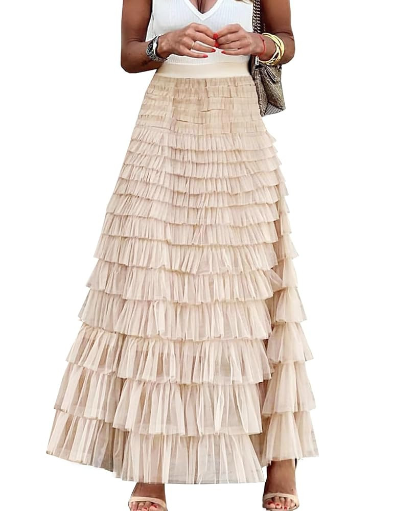 Flygo Women's Long Maxi Tulle Skirts A Line Ruffle High Waisted Tiered Layered Mesh Tutu Skirt Pe... | Amazon (US)