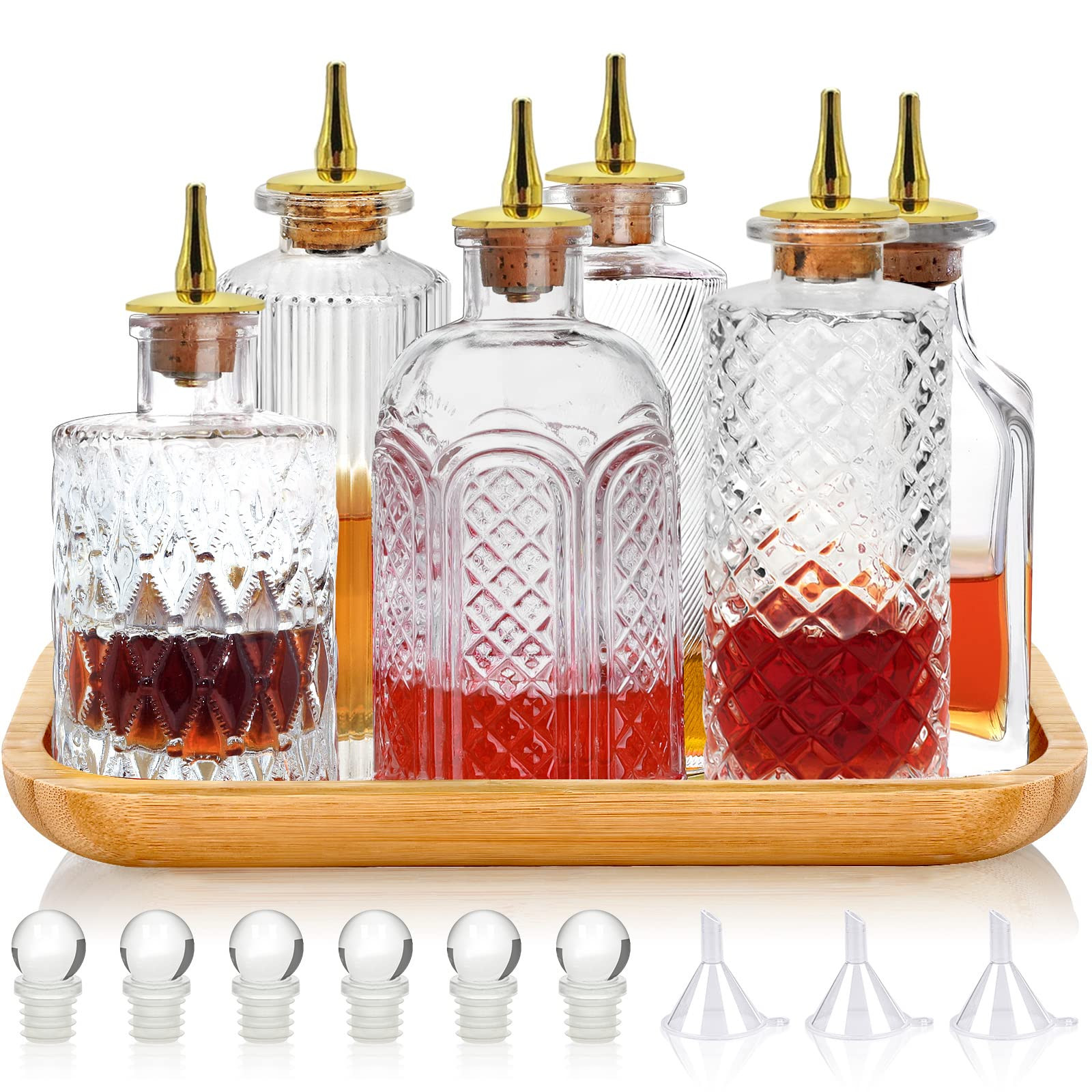 LINALL Bitters Bottle Set of 6 - Glass Vintage Bottles with Tray Decorative Bottles with Dash Top... | Amazon (US)