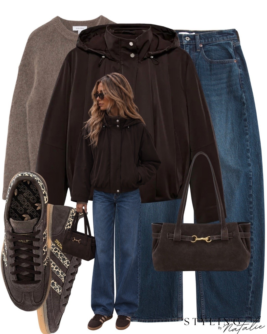 Hooded jacket, dark denim barrel jeans, animal print brown Adidas Spezial trainers, suede bag and mohair blend jumper. Casual chic, autumn, fall outfit, Zara style, brown outfit @Zara @adidas @abercrombie