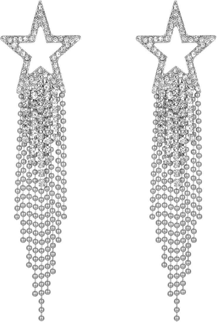 Besvatsy Star Tassel Earrings Sparkly Crystal Dangle Earrings for Women Long Tassel Beaded Chain ... | Amazon (US)