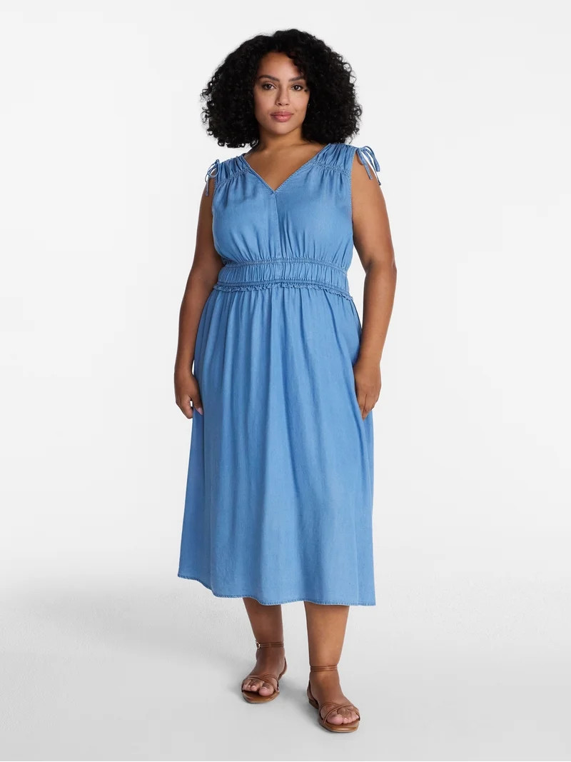 Time and Tru Women's Ruched Tie Shoulder Midi Dress, Sizes XS-XXXL | Walmart (US)